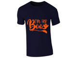 Navy men's T-shirt with “I’m her Boo” orange script design