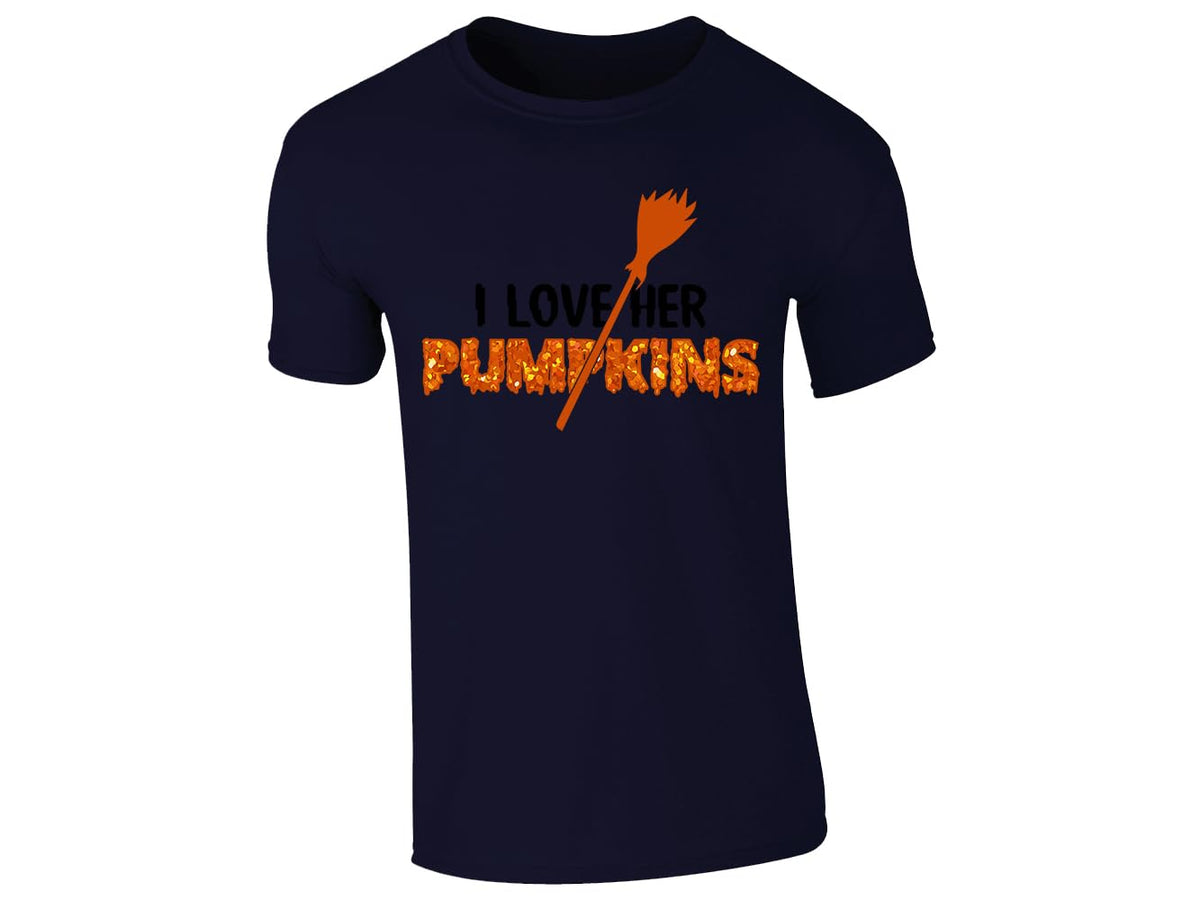 Navy men's T-shirt with “I love her pumpkins” broomstick design