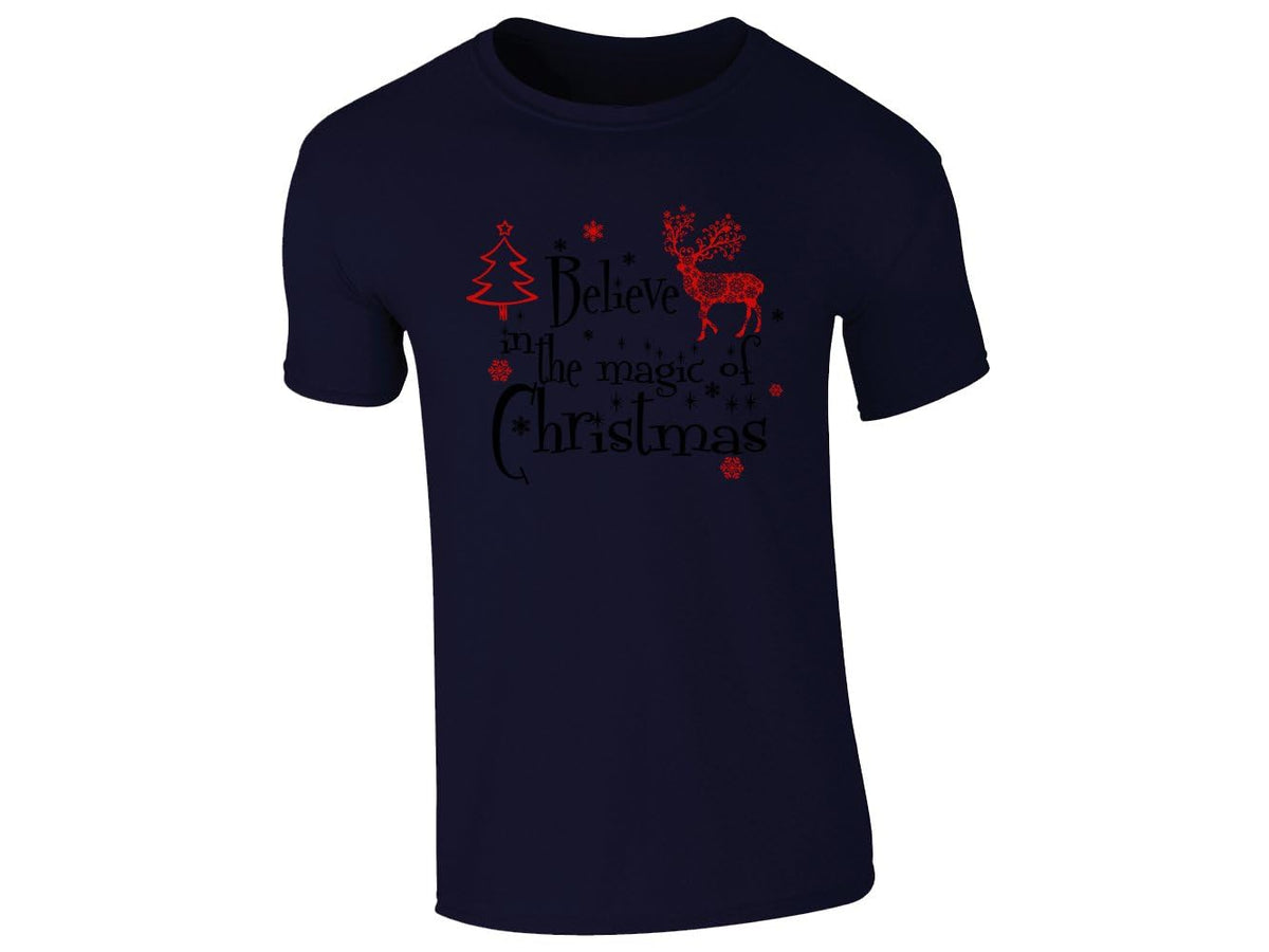 Navy men's T-shirt with a red reindeer, a Christmas tree and Believe in the Magic of Christmas