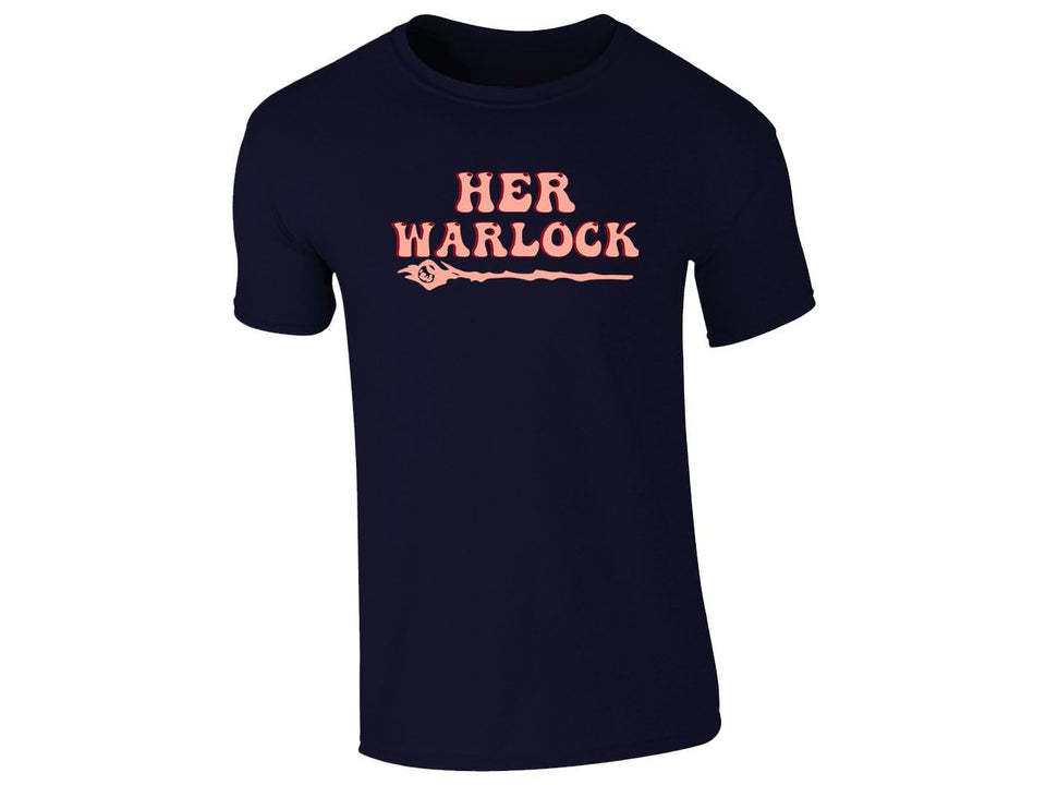 Navy men's T-shirt with “Her Warlock” wand design