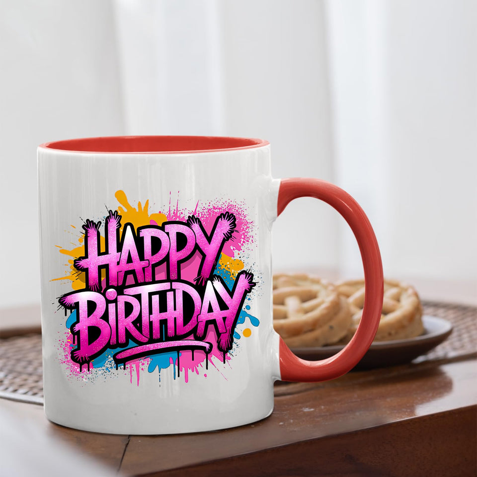 Happy Birthday Colour Handle Mug – Funny Colorful Ceramic Gift for Husband, Wife, Parents, Friends, or Couples