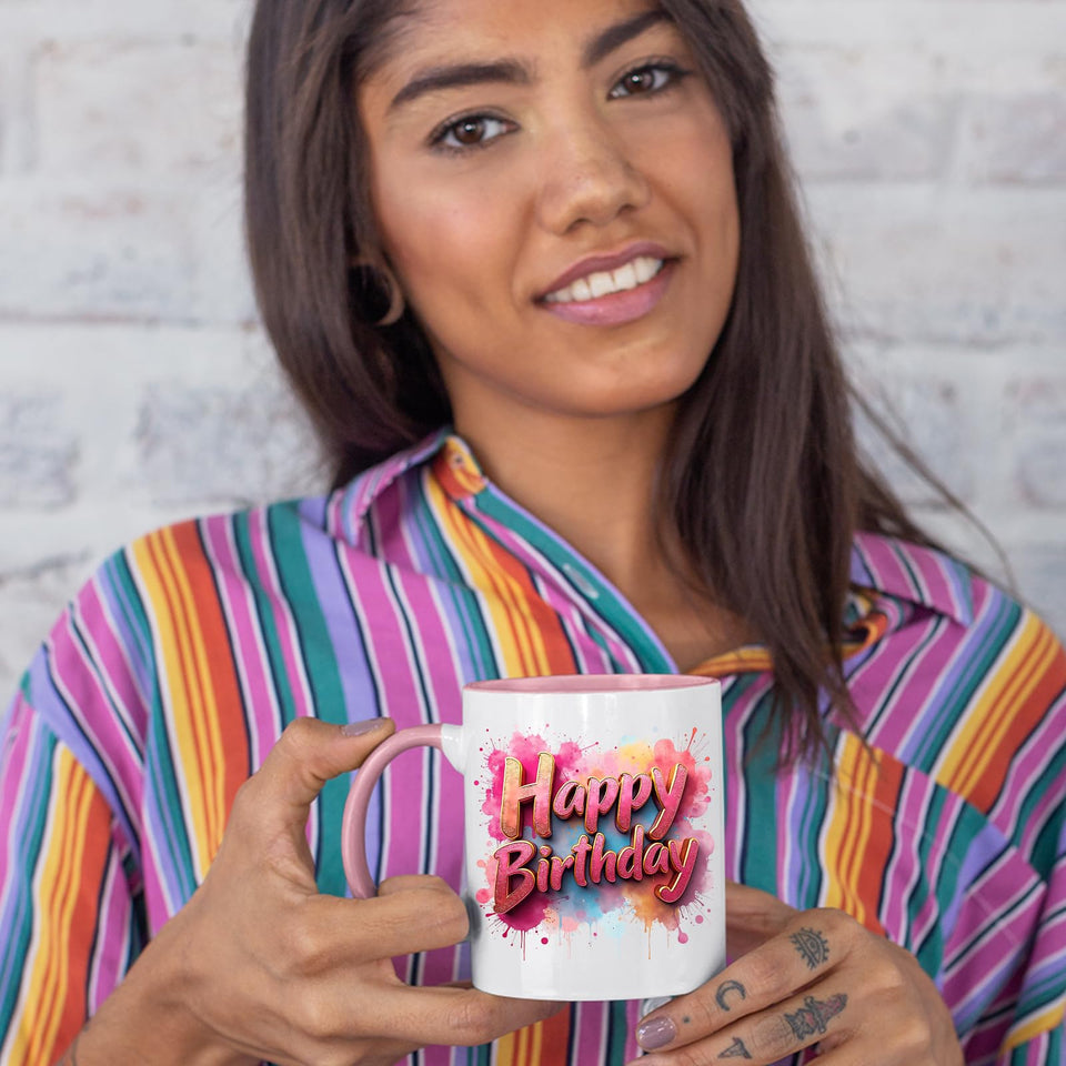Happy Birthday Colour Mug – Splash Print Ceramic Cup for Dad, Mum, Kids & Friends