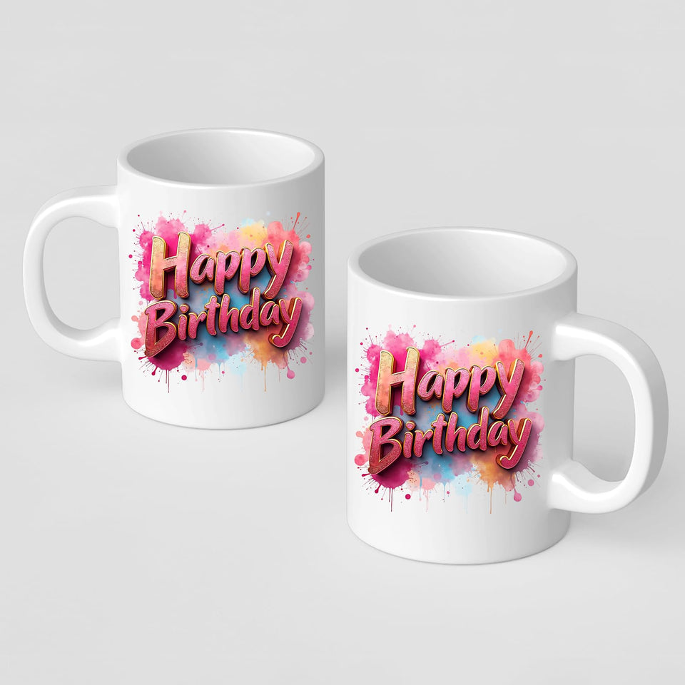 Happy Birthday Mug Colourful Text Splash Design Gift Cup Fun Birthday Present for Him Her or Kids Ceramic Coffee Tea Mug for Birthday Party Celebration or Daily Use
