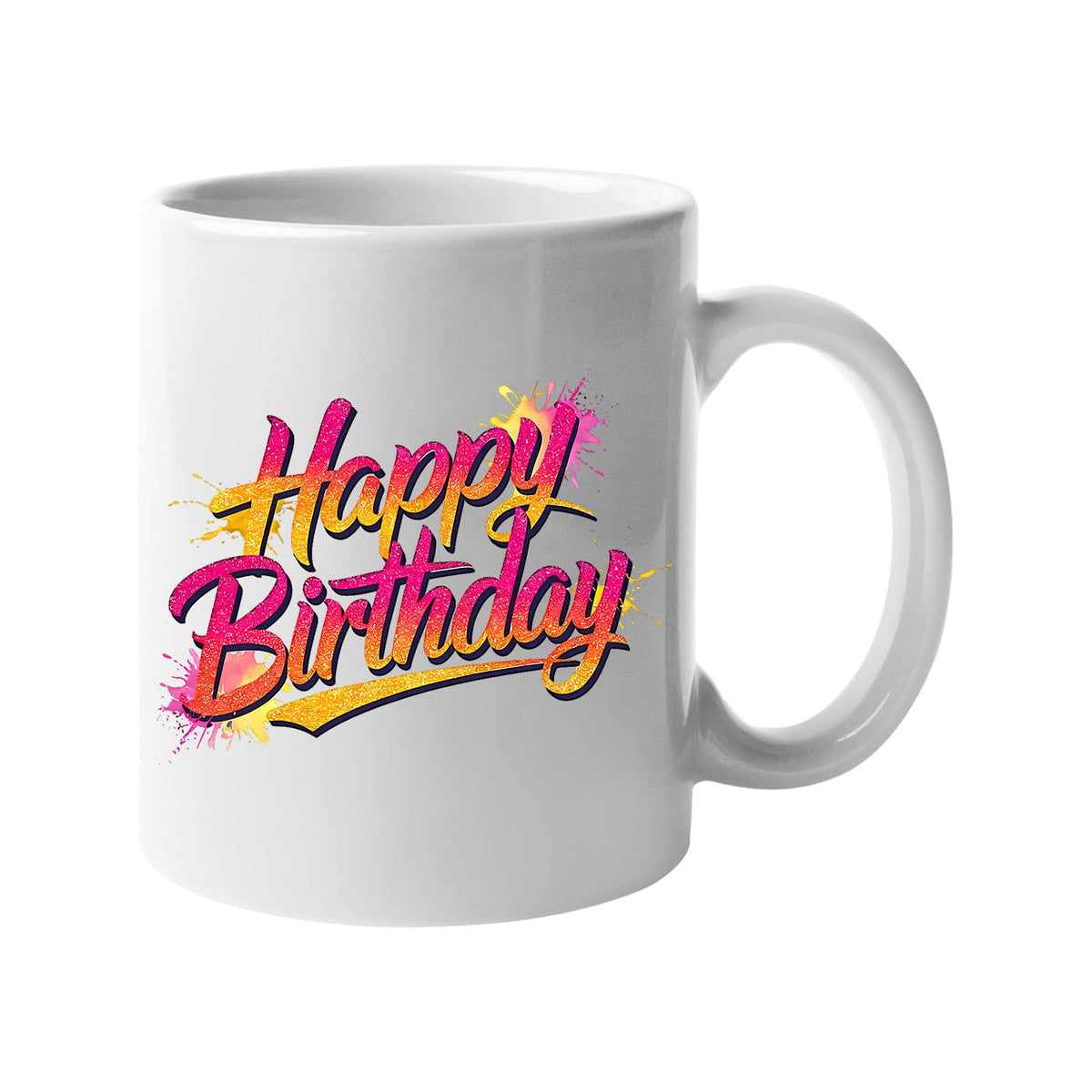 White 11oz mug with pink and gold brush-script “Happy Birthday” lettering