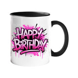 Colour handle mug with hot pink graffiti “Happy Birthday” lettering
