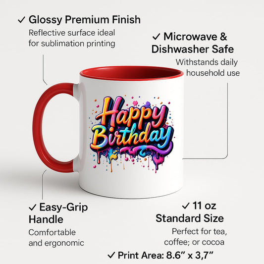 Colour handle mug with labels for 11oz size and easy-grip handle