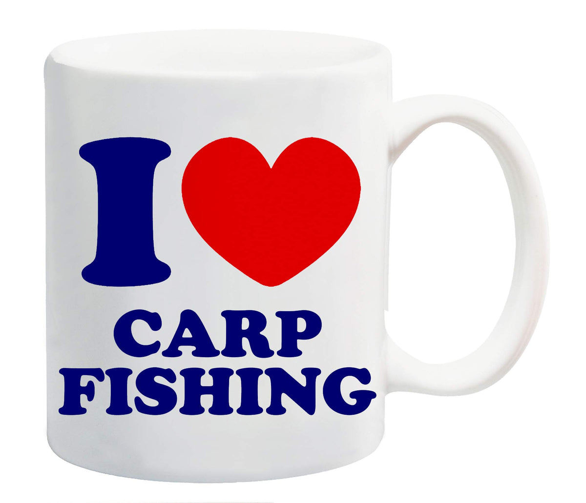 White mug printed “I ❤ CARP FISHING” in navy with a red heart