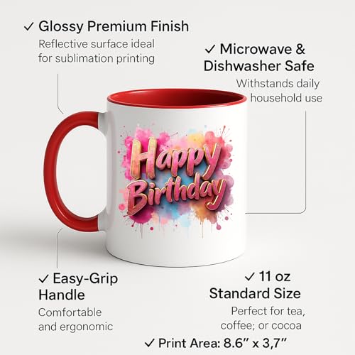 Colour handle mug with labels for 11oz size and easy-grip handle