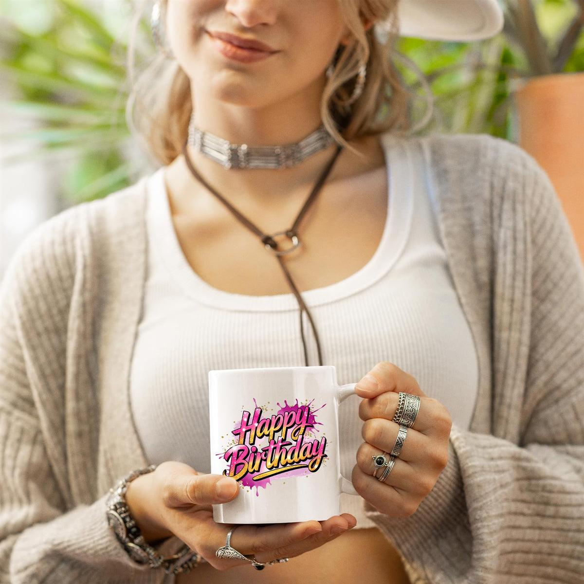 Woman holding the Happy Birthday mug