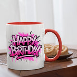 Mug with a red handle beside biscuits