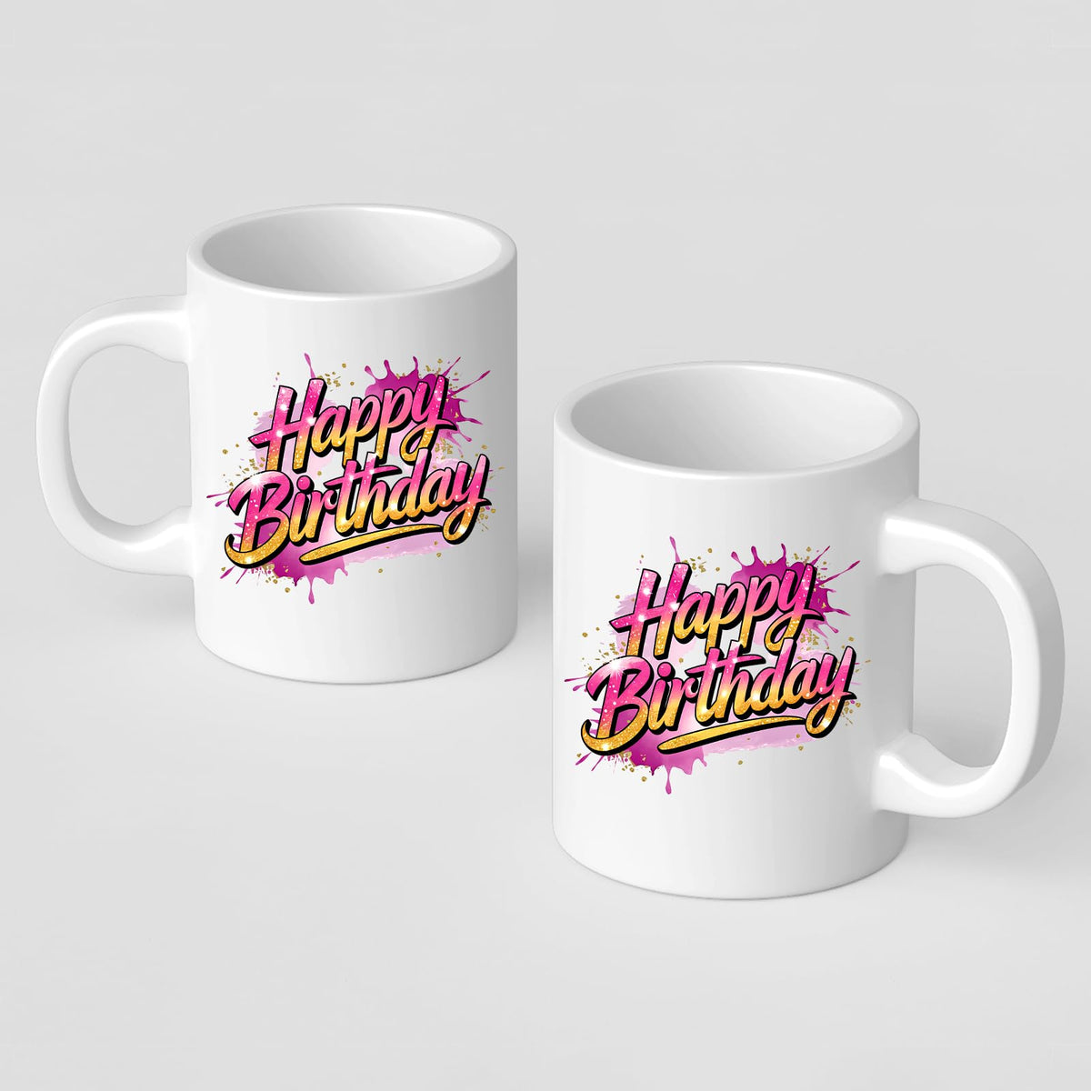 Two Happy Birthday mugs showing the print on both sides
