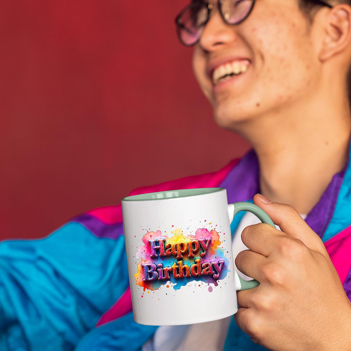 Smiling man holding the colour handle mug