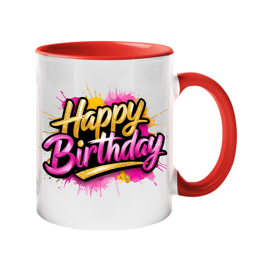 Colour handle mug with pink and gold script “Happy Birthday” lettering – red handle and inside