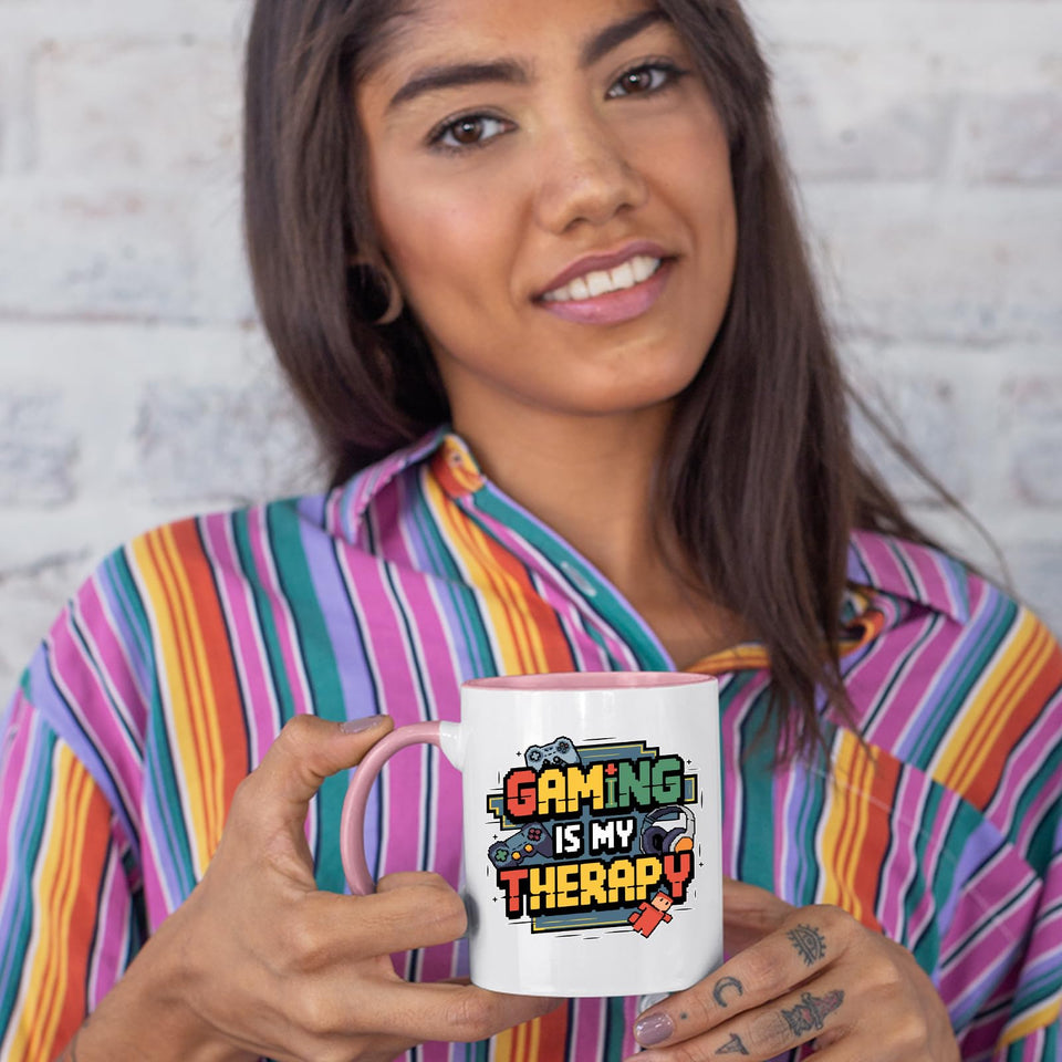 Woman in a striped shirt holding the colour handle mug