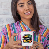 Woman in a striped shirt holding the colour handle mug