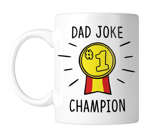 White mug with Dad Joke Champion and a gold No.1 medal, handle on the left
