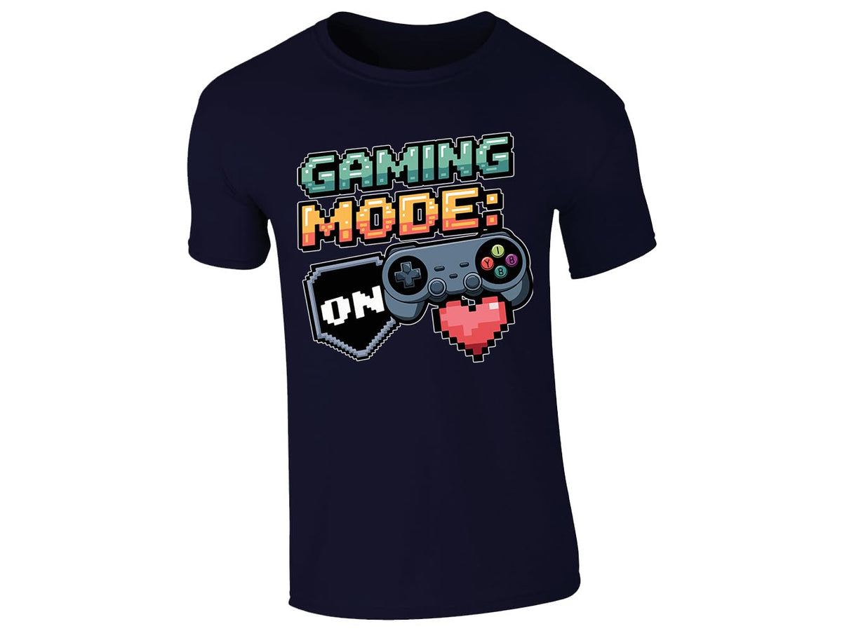 Navy men's T-shirt with “Gaming mode: ON” controller and pixel heart design