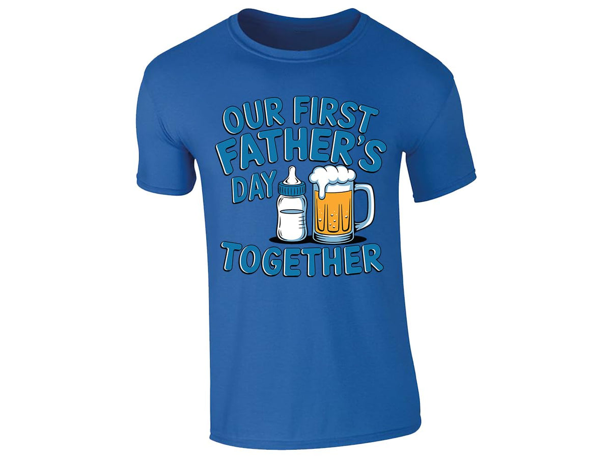 Royal Blue men's T-shirt with “Our first Father’s Day together” baby bottle and beer design