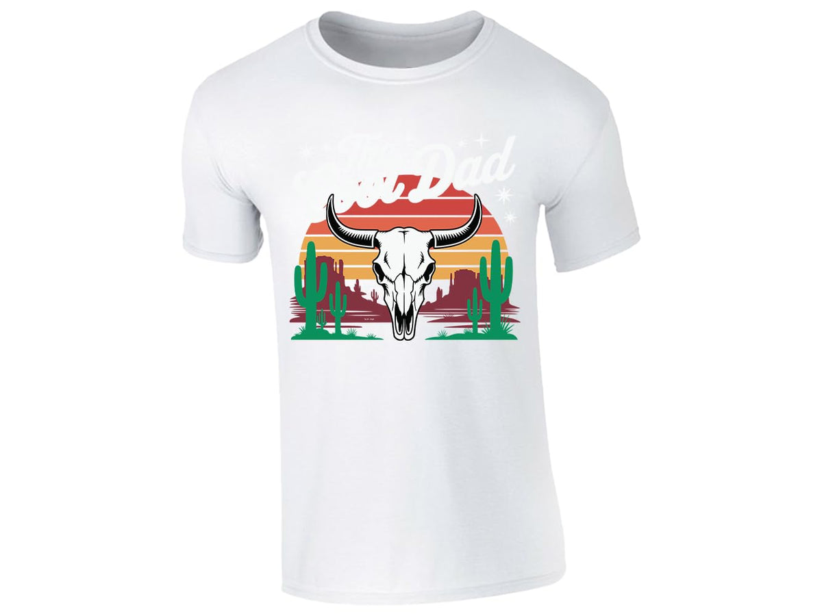 White men's T-shirt with “The Cool Dad” bull skull desert design