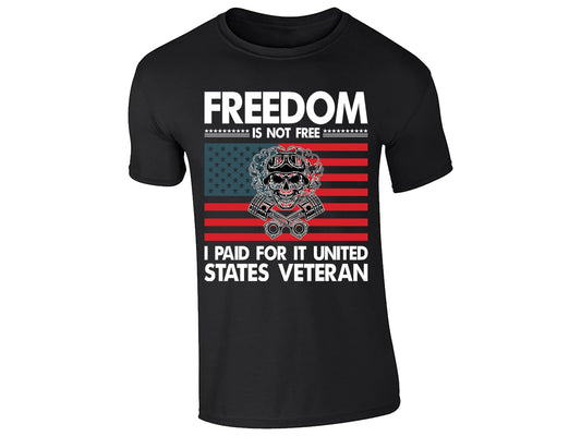 Black men's T-shirt with “Freedom is not free – United States Veteran” flag design
