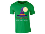 Irish Green men's T-shirt with “Witch Vibes – Brew, Spell, Repeat” witch hat design
