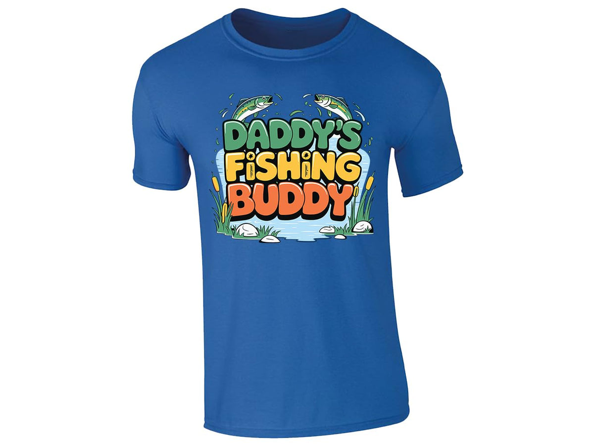 Royal Blue men's T-shirt with “Daddy’s fishing buddy” pond and fish design