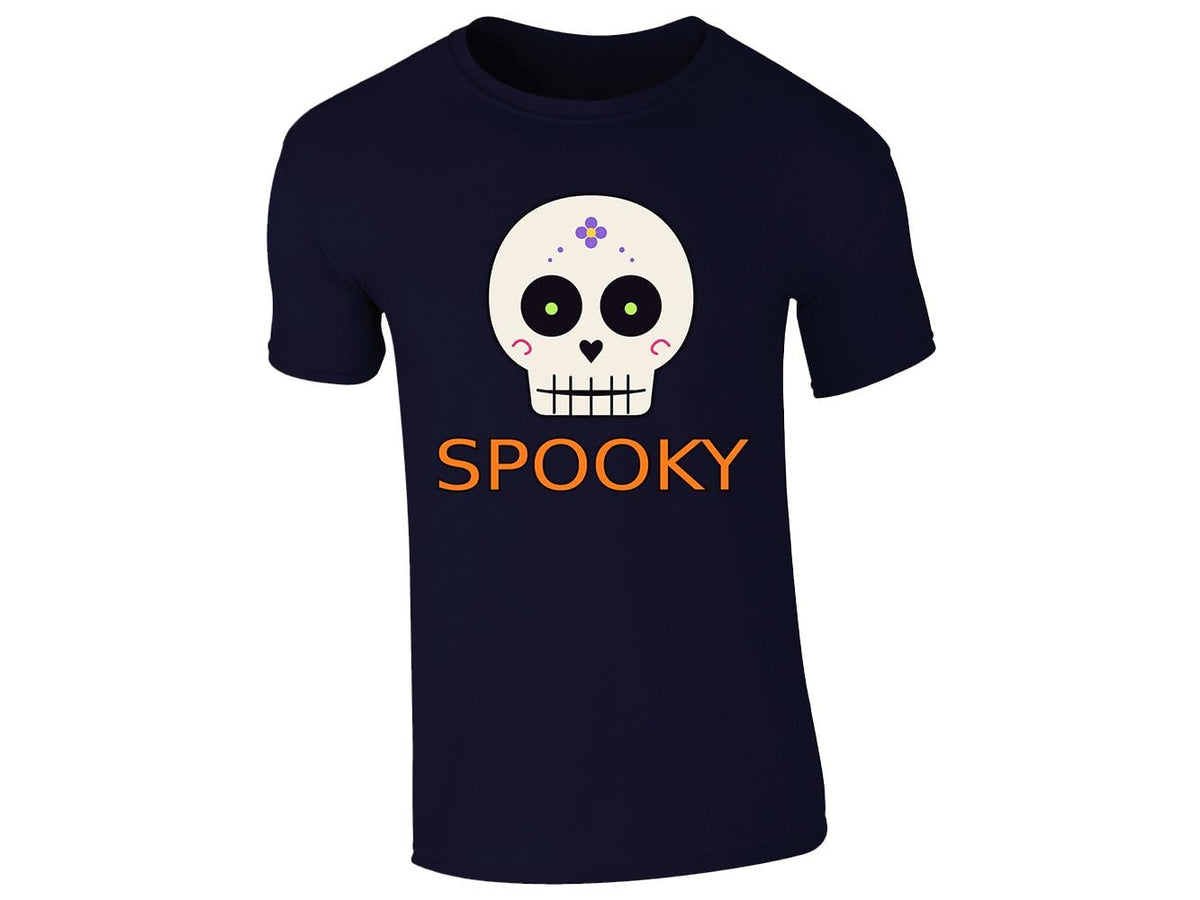 Navy men's T-shirt with “Spooky” sugar skull design