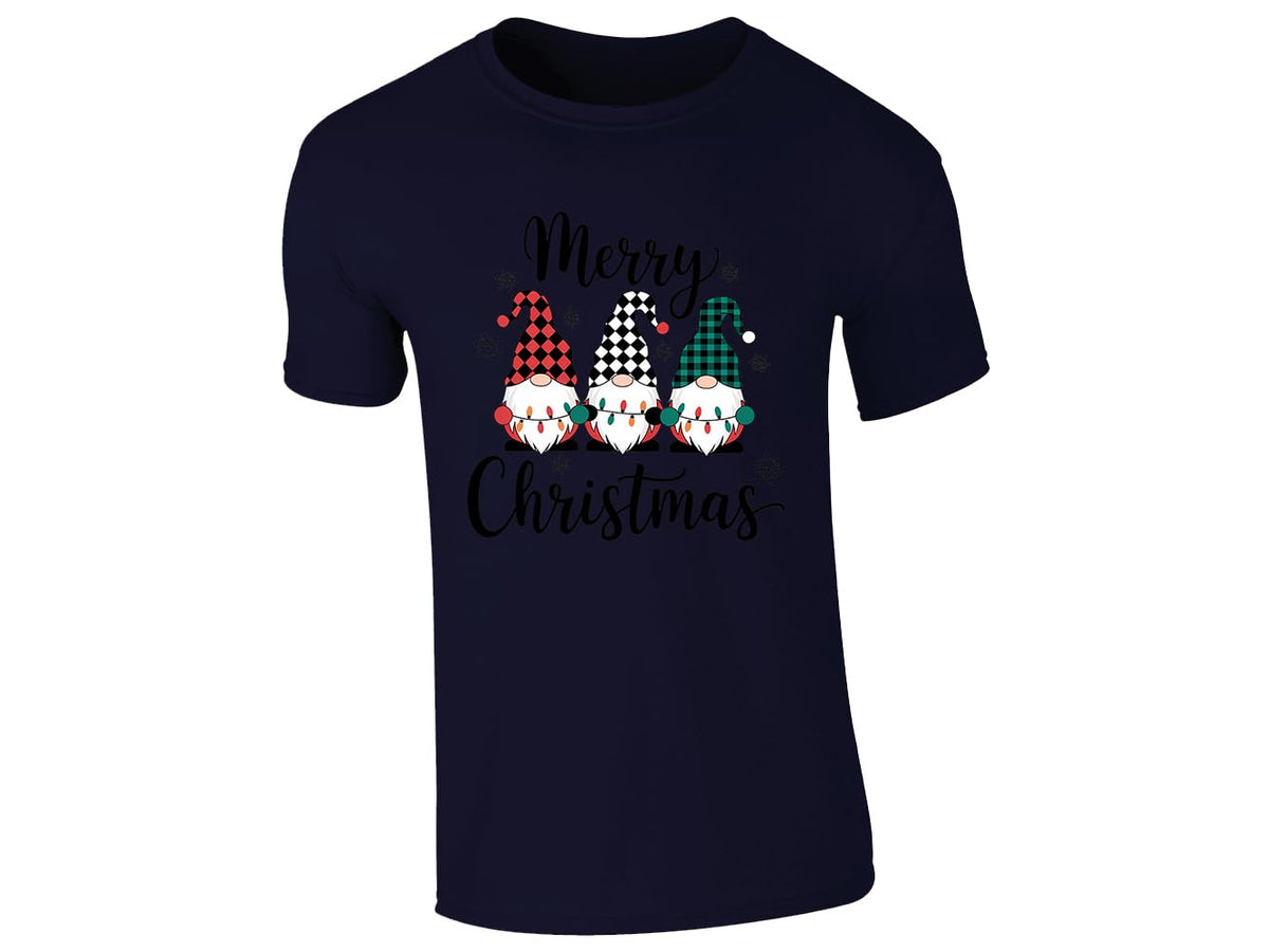 Navy men's T-shirt with “Merry Christmas” three gnomes in plaid hats design