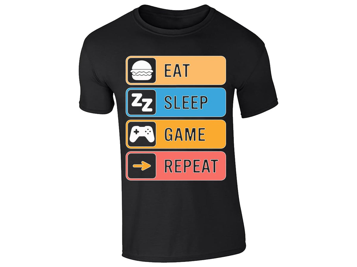 Black kids' T-shirt with “Eat Sleep Game Repeat” icon design