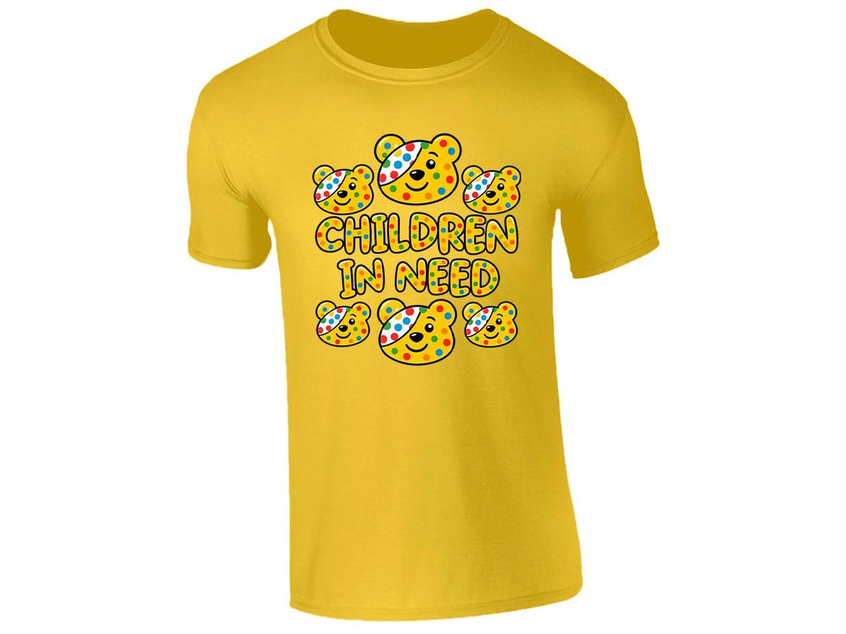 Yellow kids' T-shirt with spotty bear faces and “Children in Need” lettering design