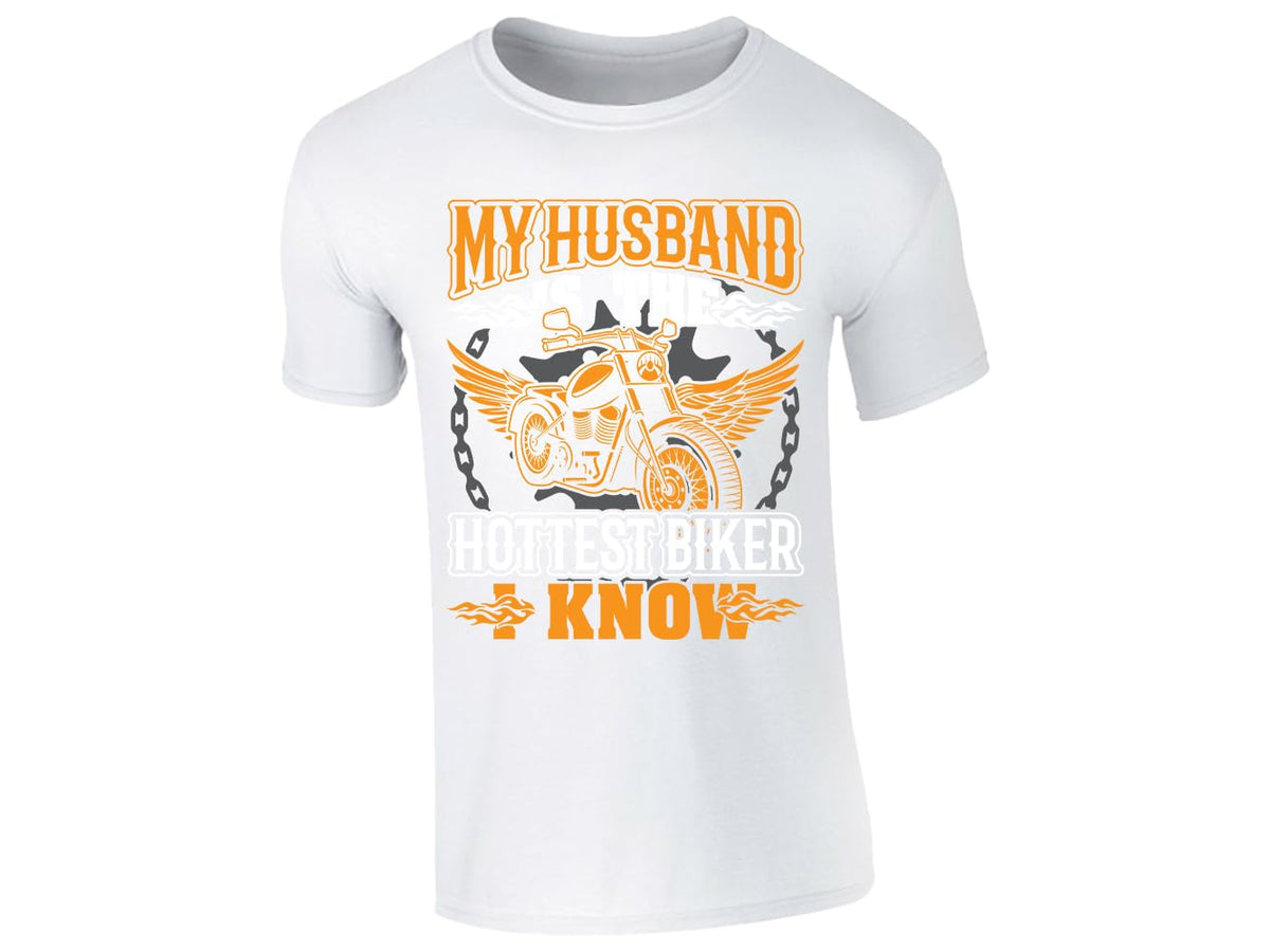 White men's T-shirt with “My husband is the hottest biker I know” winged motorcycle design