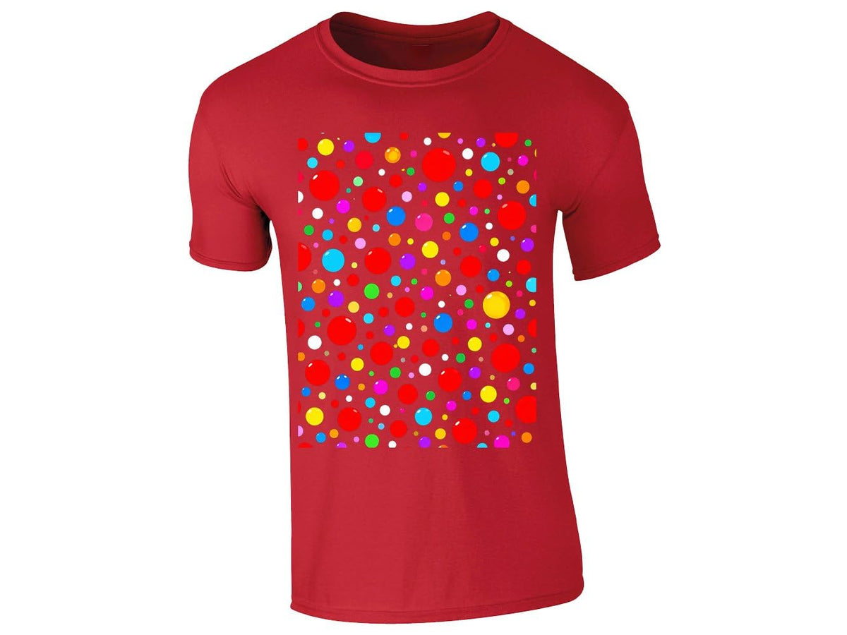 Red men's T-shirt with a block of rainbow polka dots