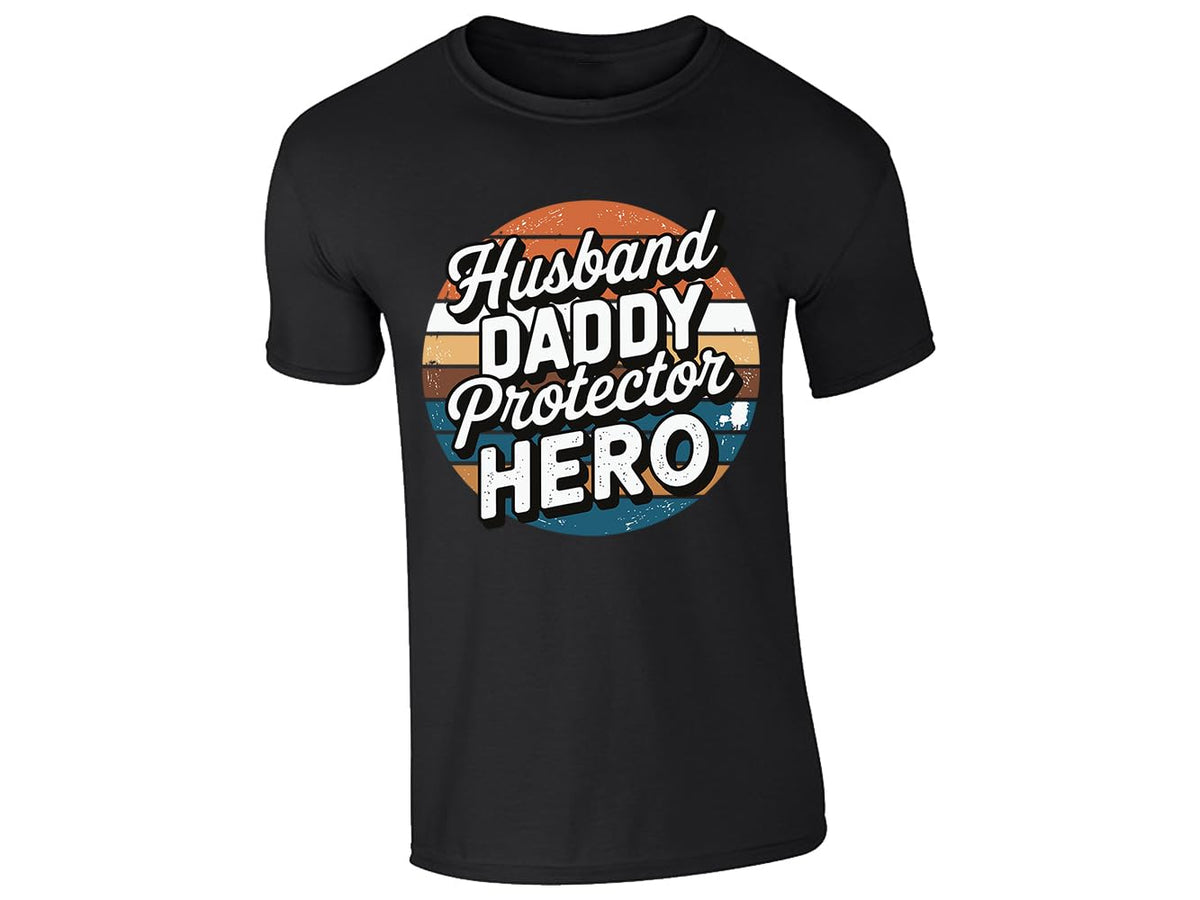 Black men's T-shirt with “Husband, Daddy, Protector, Hero” retro sunset design