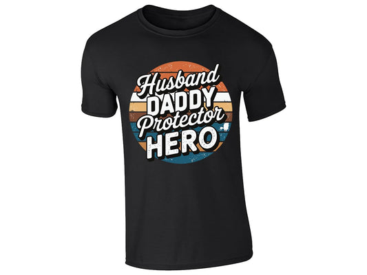 Black men's T-shirt with “Husband, Daddy, Protector, Hero” retro sunset design