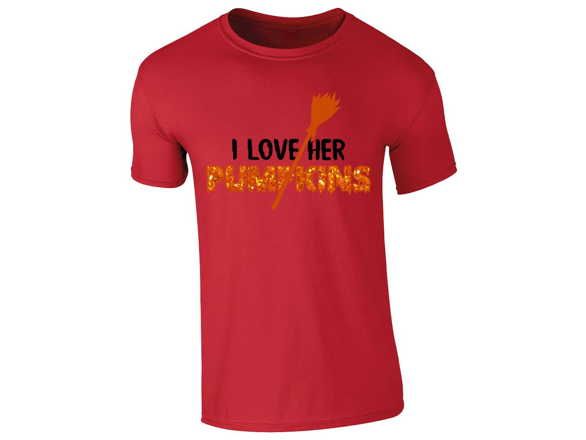 Red men's T-shirt with “I love her pumpkins” broomstick design