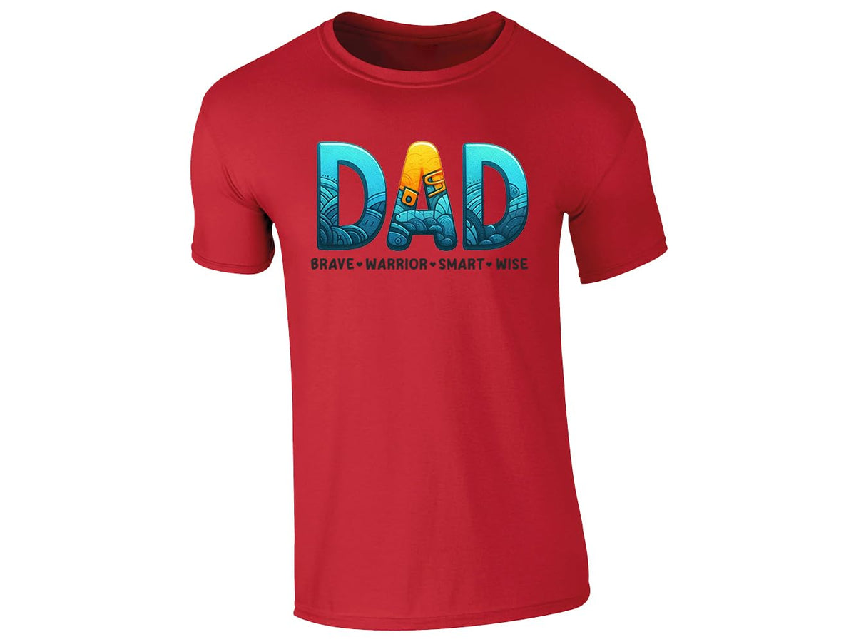 Red men's T-shirt with “DAD – brave, warrior, smart, wise” design