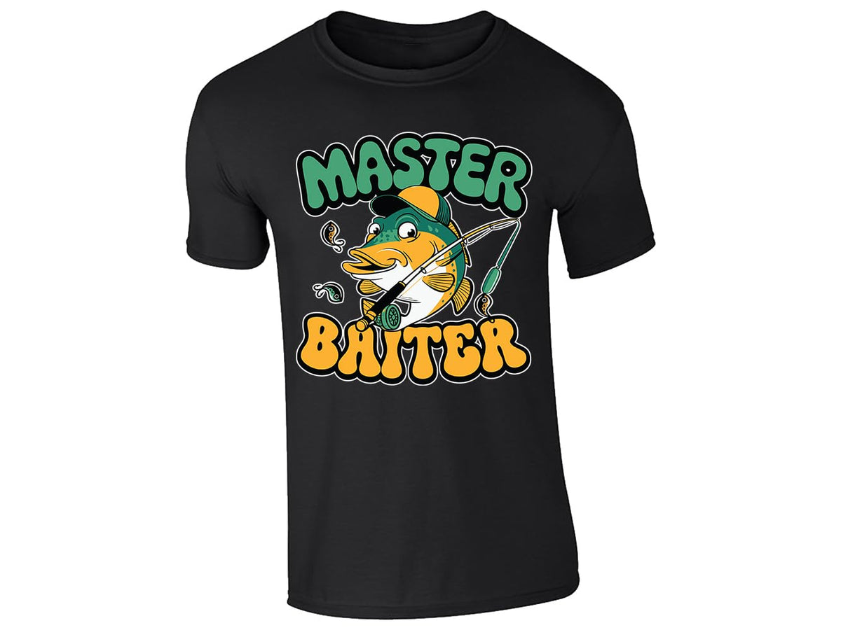 Black men's T-shirt with “Master Baiter” cartoon fish design