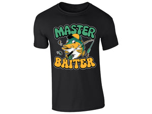 Black men's T-shirt with “Master Baiter” cartoon fish design