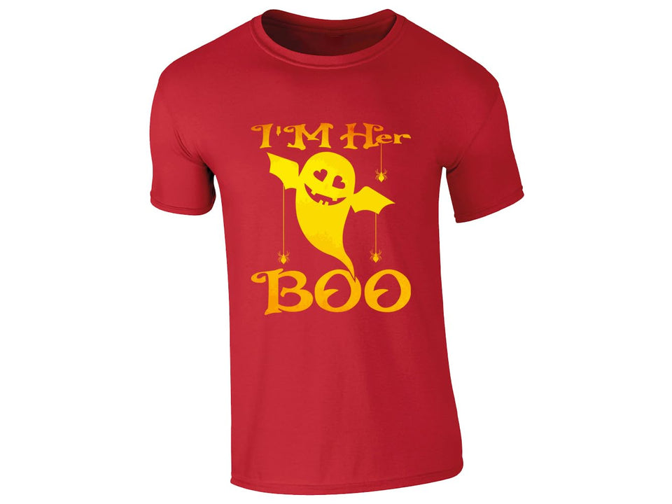 Red men's T-shirt with “I’m her Boo” ghost design