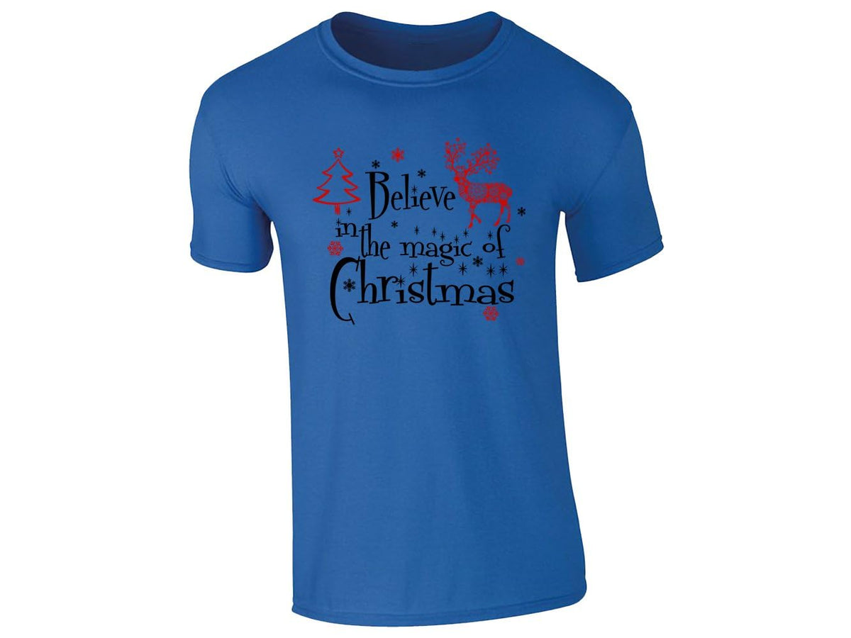 Royal blue men's T-shirt with a red reindeer, a Christmas tree and Believe in the Magic of Christmas