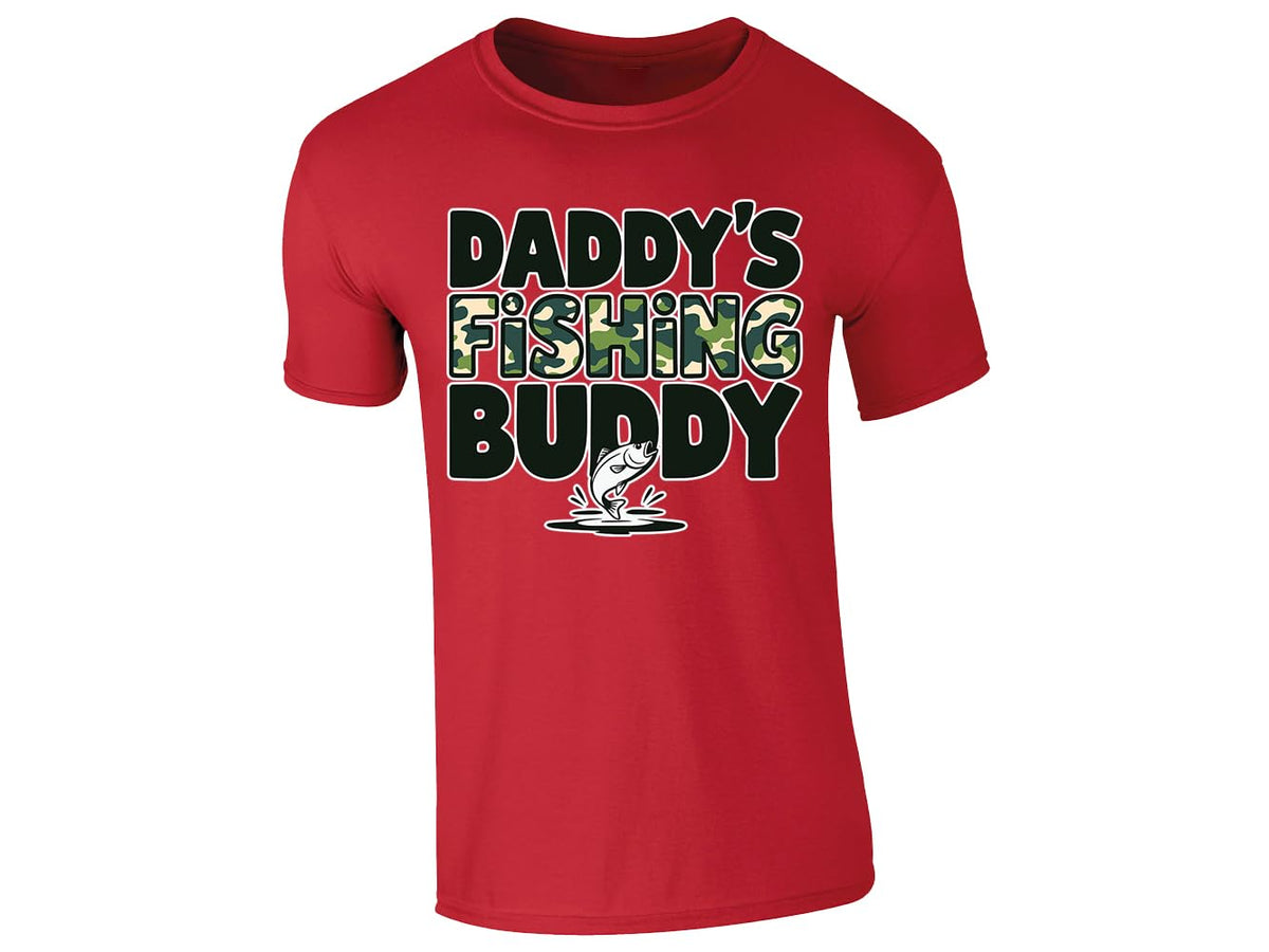 Red men's T-shirt with “Daddy’s fishing buddy” camo design