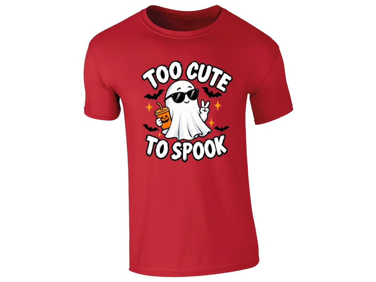Red men's T-shirt with a Too Cute to Spook ghost in sunglasses