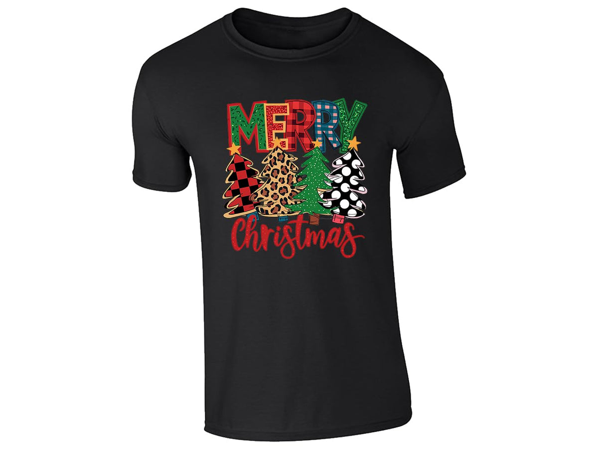 Black men's T-shirt with “Merry Christmas” plaid, leopard and polka-dot Christmas tree design