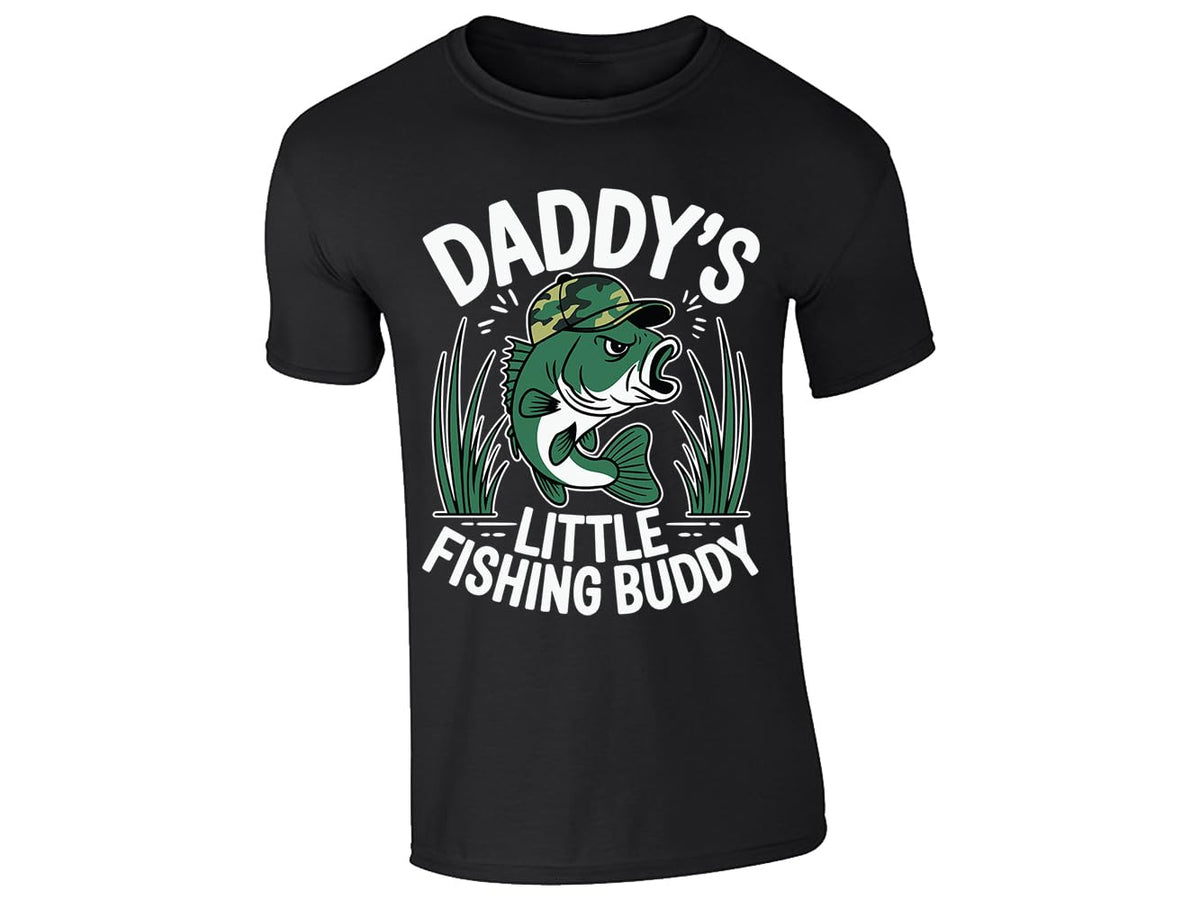 Black men's T-shirt with “Daddy’s little fishing buddy” bass in camo cap design