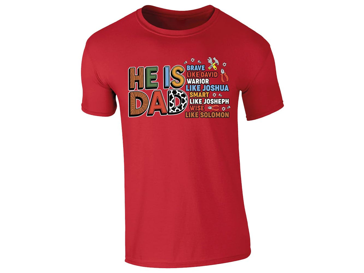 Red men's T-shirt with “He is Dad – brave like David” faith design