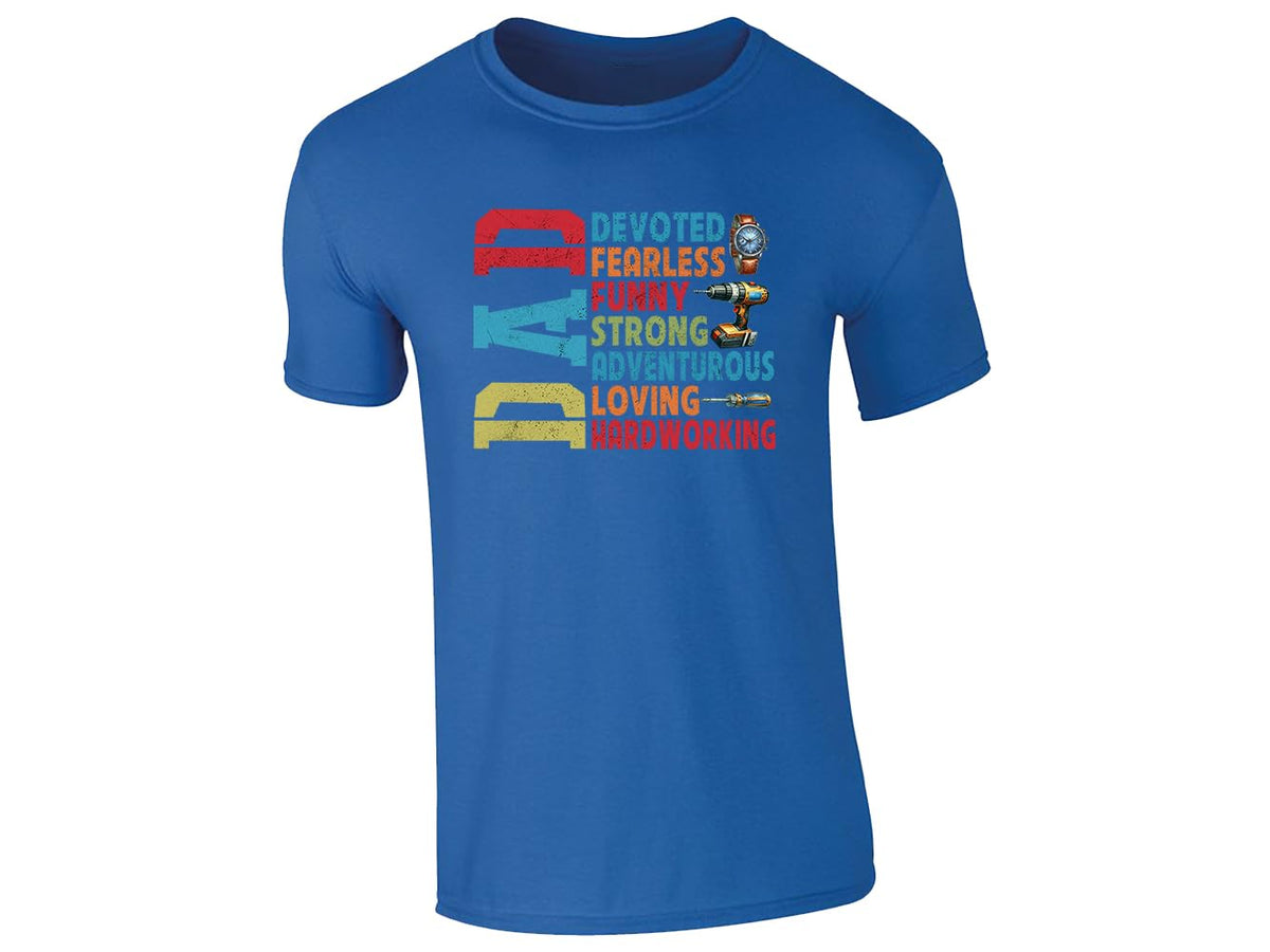 Royal Blue men's T-shirt with “DAD – devoted, fearless, funny, strong” design