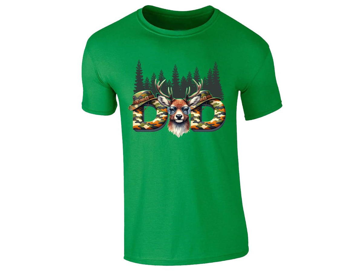 Irish Green men's T-shirt with “DAD” deer head camo design