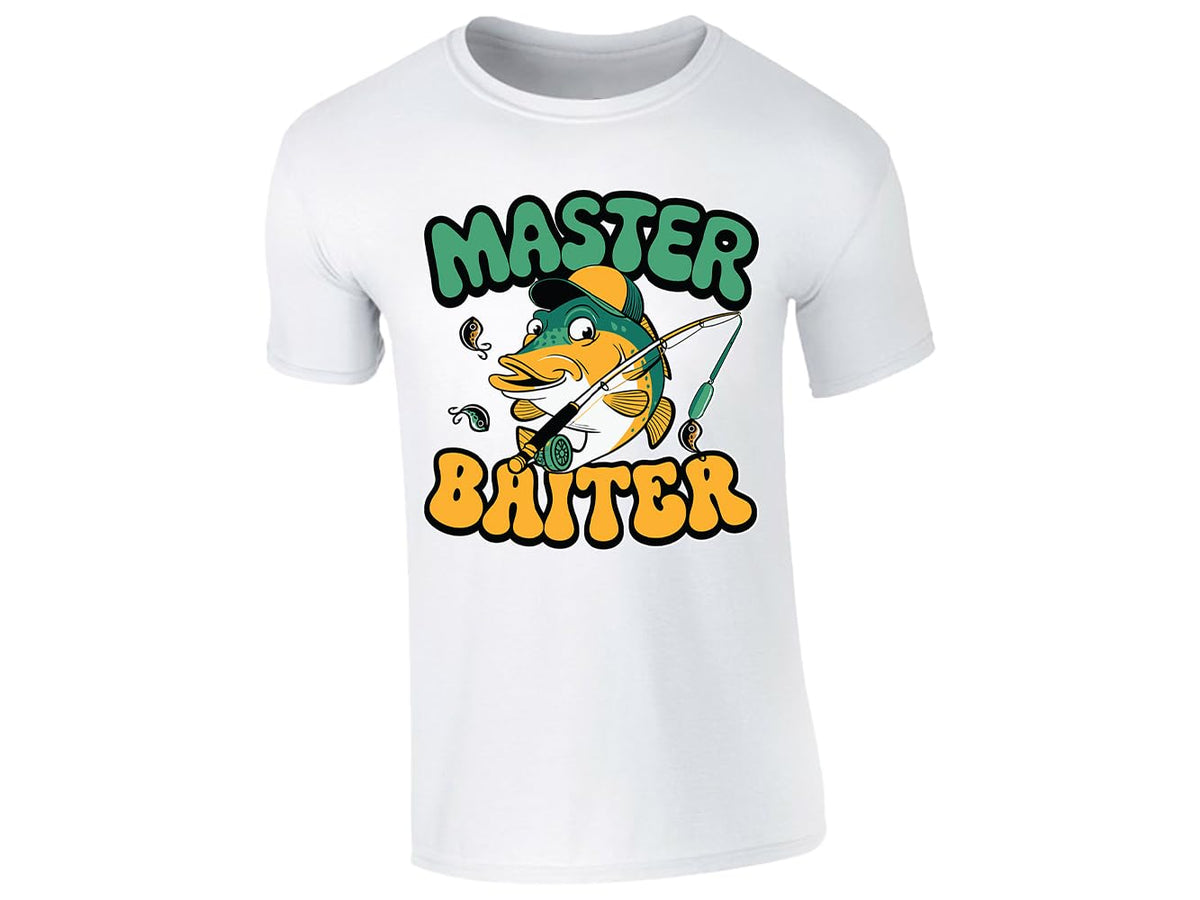 White men's T-shirt with “Master Baiter” cartoon fish design