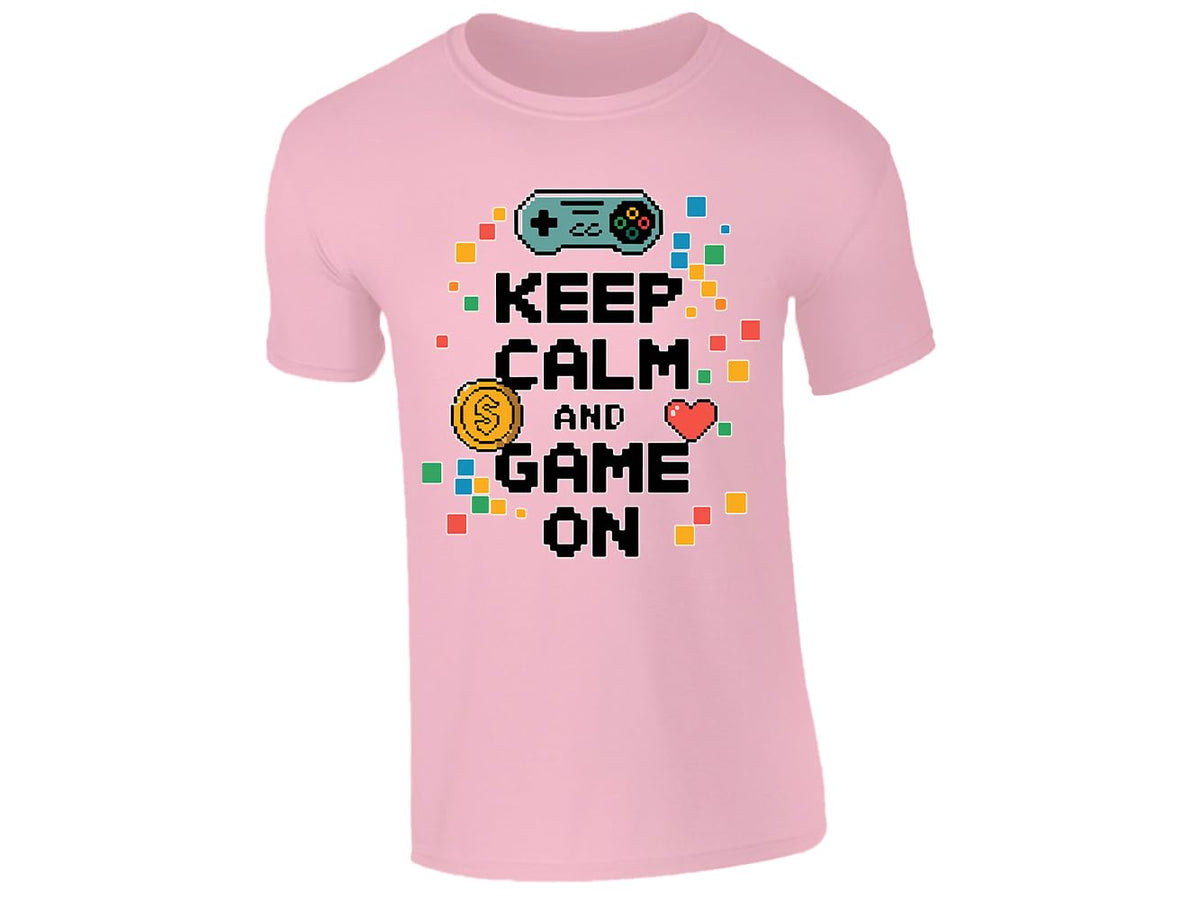 Light Pink kids' T-shirt with “Keep calm and game on” pixel controller design