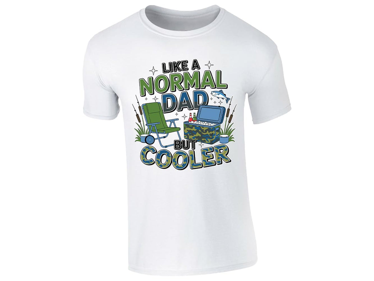 White men's T-shirt with “Like a normal dad but cooler” camping chair and cool box design